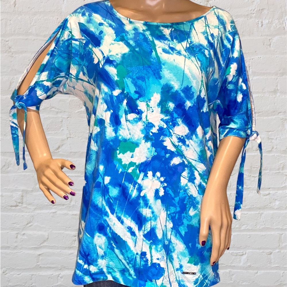 Anne Klein Sport Open Sleeves CrewNeck Blue White Top Tee Shirt Size Medium EUC